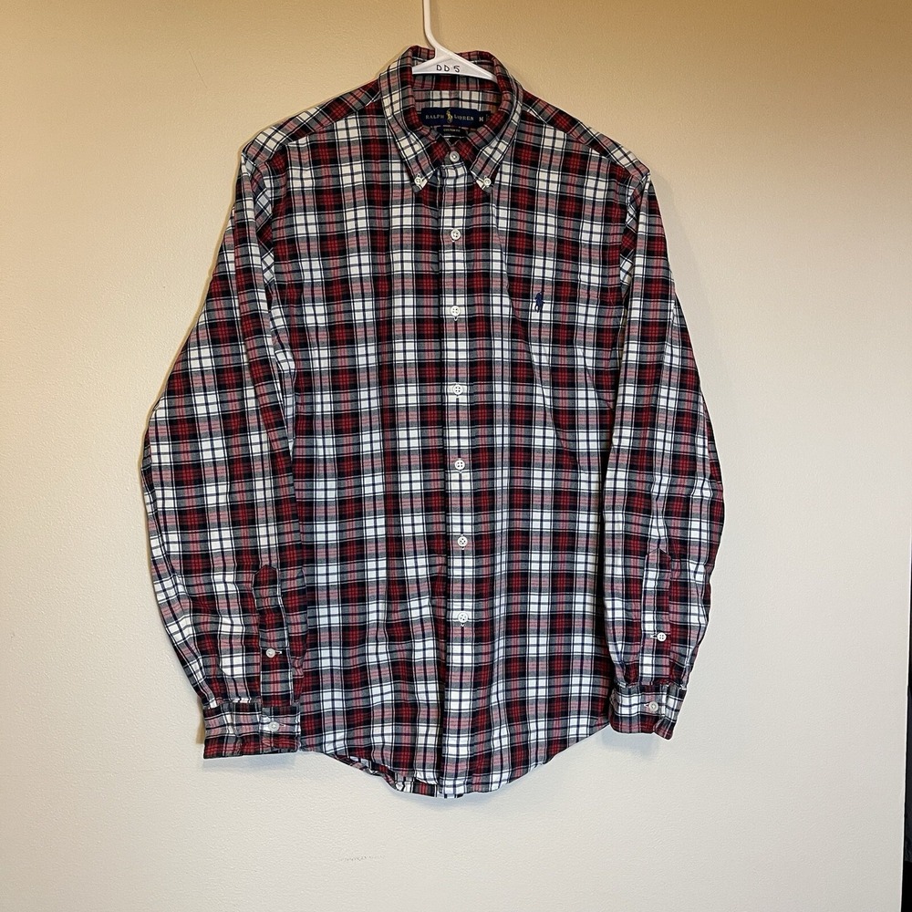 Ralph Lauren Mens Custom Fit Plaid Button Down Shirt Red Navy White Medium